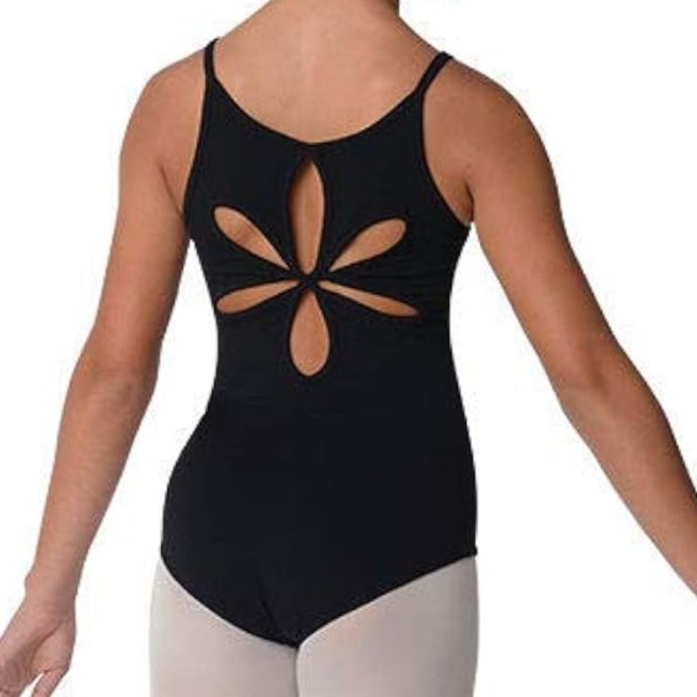 Girls Black Leotard Flower Cutout Back Design